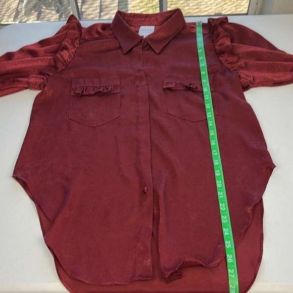Misa LA Donata Satin Blouse M Maroon Smocked Cuffs Ruffle Shoulders/Pockets Top - Picture 13 of 14